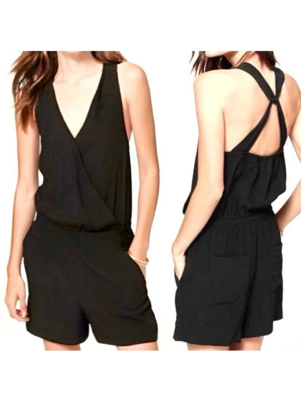 Loft Surplice Romper Playsuit Crisscross Back Size M Black Resort Vacation